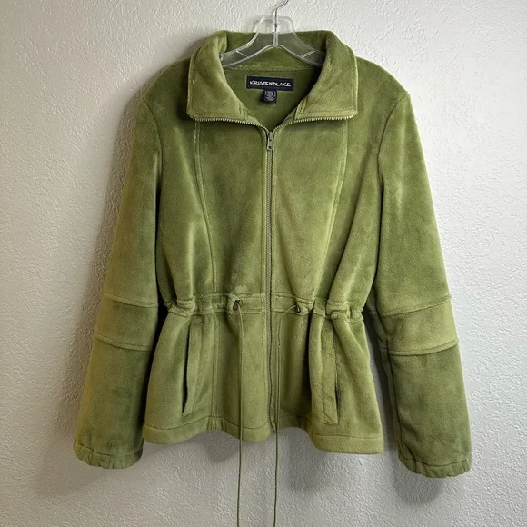 Vintage Kristen Blake GreenTeddy Fleece Zip-Up Jacket Drawstring Waist Size L - Picture 5 of 15
